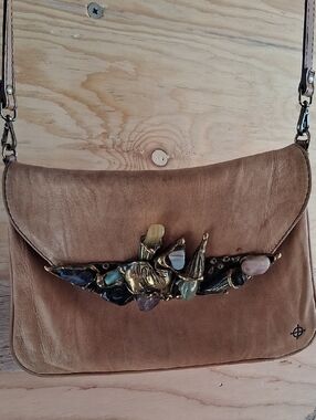 Tan Leather Crossbody Bag with Decorative Multi-Stone Accent